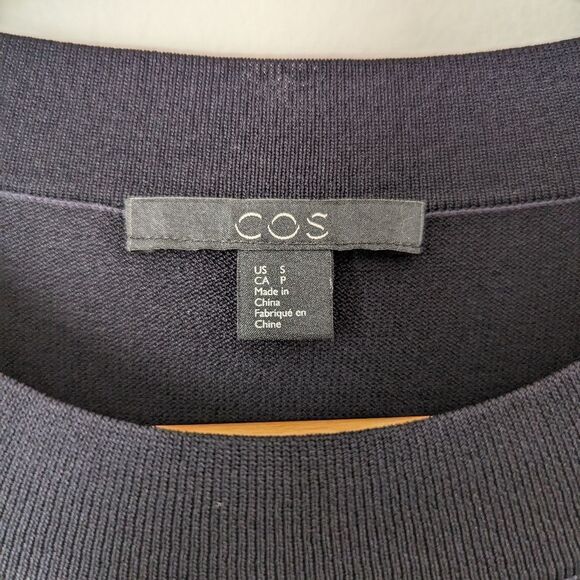 COS navy blue white trim crewneck ruffle long sleeve knitted midi dress - Picture 3 of 6